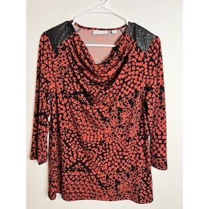 Susan Graver Cowl Neck Top Size Small Faux Leather Patch Orange Black